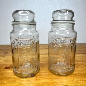 Vintage 1981 75th Anniversary Planters Mr Peanut Glass Jar With Lid Set Of Two